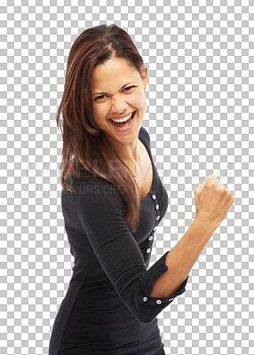 Buy stock photo Fist pump, excited winner or portrait of woman in celebration of deal isolated on transparent PNG background. Wow, target or happy person winning in victory success, goal achievement or reward news