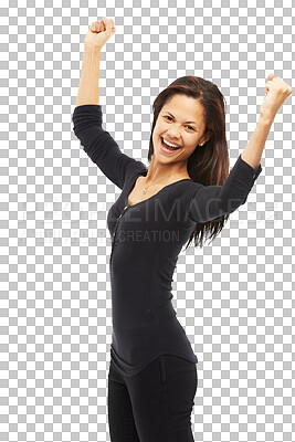 Buy stock photo Winner, yes and portrait of young woman in fashion sale, dancing or cheers for bonus, winning or success. Celebrate, fist and person with power, wow and target isolated on transparent png background