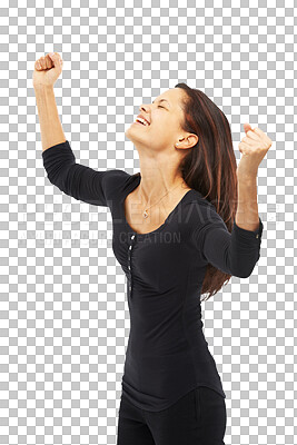 Buy stock photo Winner, success and yes of young woman with fashion sale, dancing or cheers for bonus, winning or celebration. Celebrate, fist and person power, wow or excited isolated on transparent png background