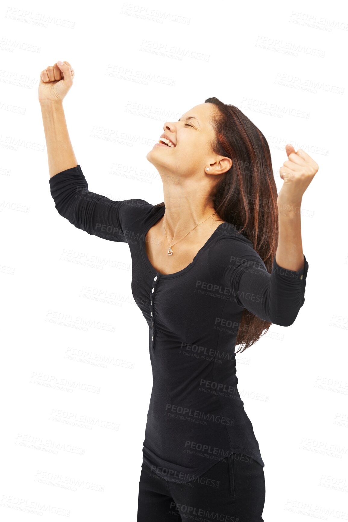 Buy stock photo Winner, success and yes of young woman with fashion sale, dancing or cheers for bonus, winning or celebration. Celebrate, fist and person power, wow or excited isolated on transparent png background