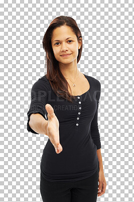 Buy stock photo Handshake, offer and business woman in portrait, HR agreement or pov meeting isolated on transparent, png background. Human Resources, latino person and shaking hands, success and recruitment welcome