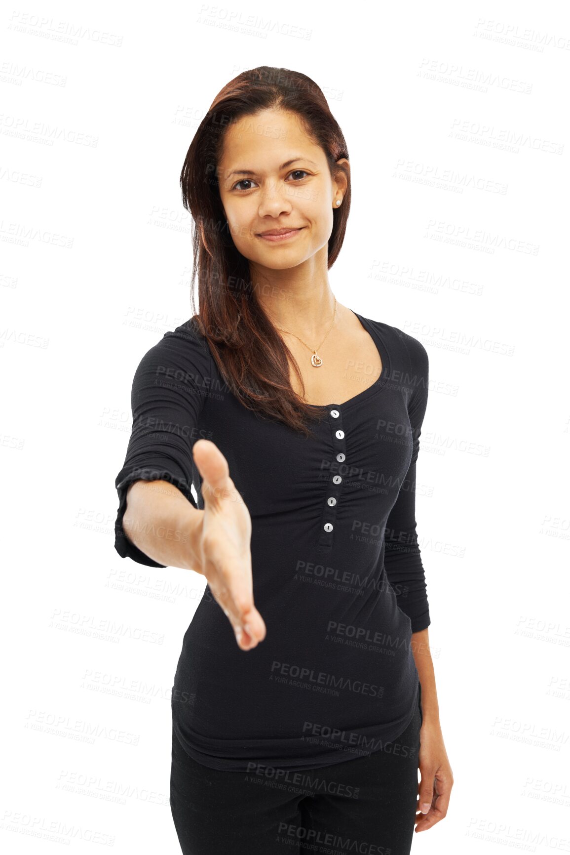 Buy stock photo Handshake, offer and business woman in portrait, HR agreement or pov meeting isolated on transparent, png background. Human Resources, latino person and shaking hands, success and recruitment welcome