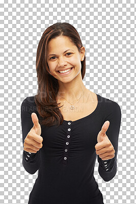 Buy stock photo Smile, portrait and woman with thumbs up for success isolated on a transparent png background. Face, like hand gesture and person with emoji for motivation, yes for support and thank you for feedback