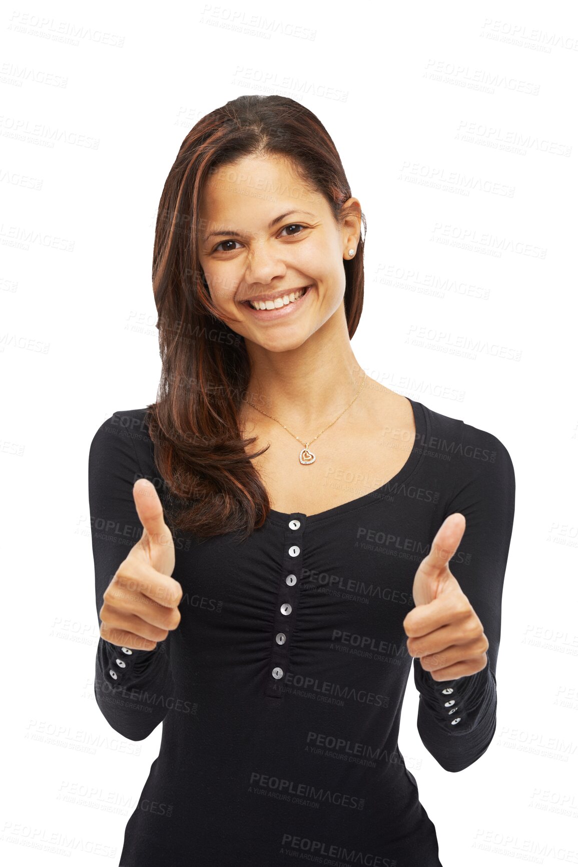 Buy stock photo Smile, portrait and woman with thumbs up for success isolated on a transparent png background. Face, like hand gesture and person with emoji for motivation, yes for support and thank you for feedback