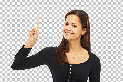 Buy stock photo Happy woman, portrait smile and pointing finger for idea or solution isolated on a transparent PNG background. Female person smiling and point for advertising, decision or announcement in confidence