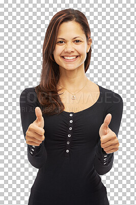 Buy stock photo Portrait, happy and woman with thumbs up for support isolated on a transparent png background. Face, like hand gesture and person with emoji for motivation, yes for success and thank you for feedback