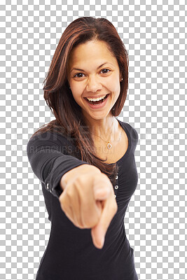 Buy stock photo Happy, pointing and choice with portrait of woman on transparent background for decision, vote and opportunity. Smile, winner and opinion with female person isolated on png for motivation and sign