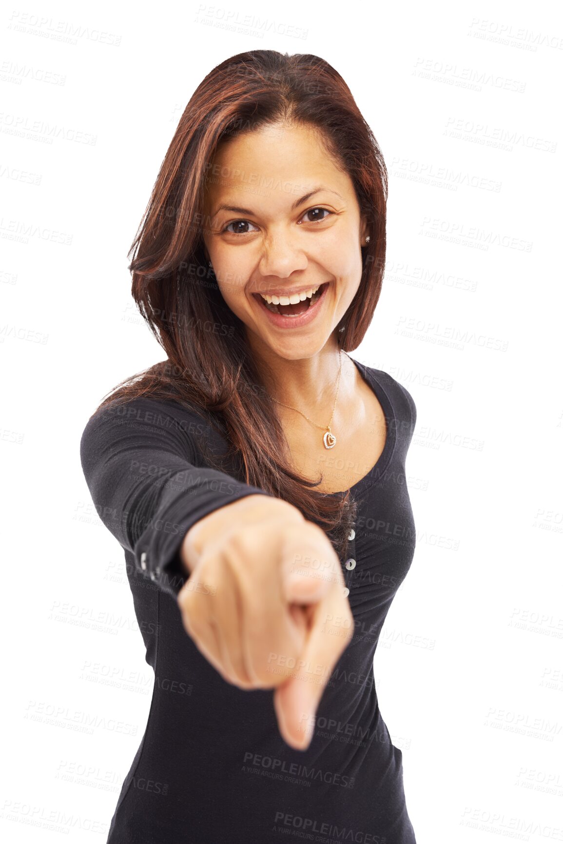 Buy stock photo Happy, pointing and choice with portrait of woman on transparent background for decision, vote and opportunity. Smile, winner and opinion with female person isolated on png for motivation and sign