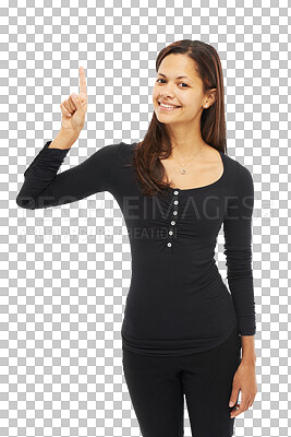 Buy stock photo Smile, pointing and idea with portrait of woman on transparent background for news, announcement and choice. Decision, direction and presentation with person isolated on png for promotion and show