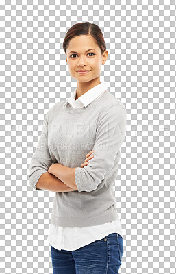 Buy stock photo Fashion, smile or portrait of businesswoman with arms crossed isolated on transparent png background. Leader, confident or proud female worker smiling with elegance, elegant clothes or classy style 