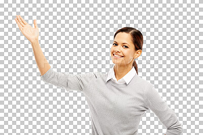 Buy stock photo Portrait, smile and woman with hand for presentation isolated on a transparent png background. Face, palm and female person showing marketing, advertising or commercial branding, promotion or space.