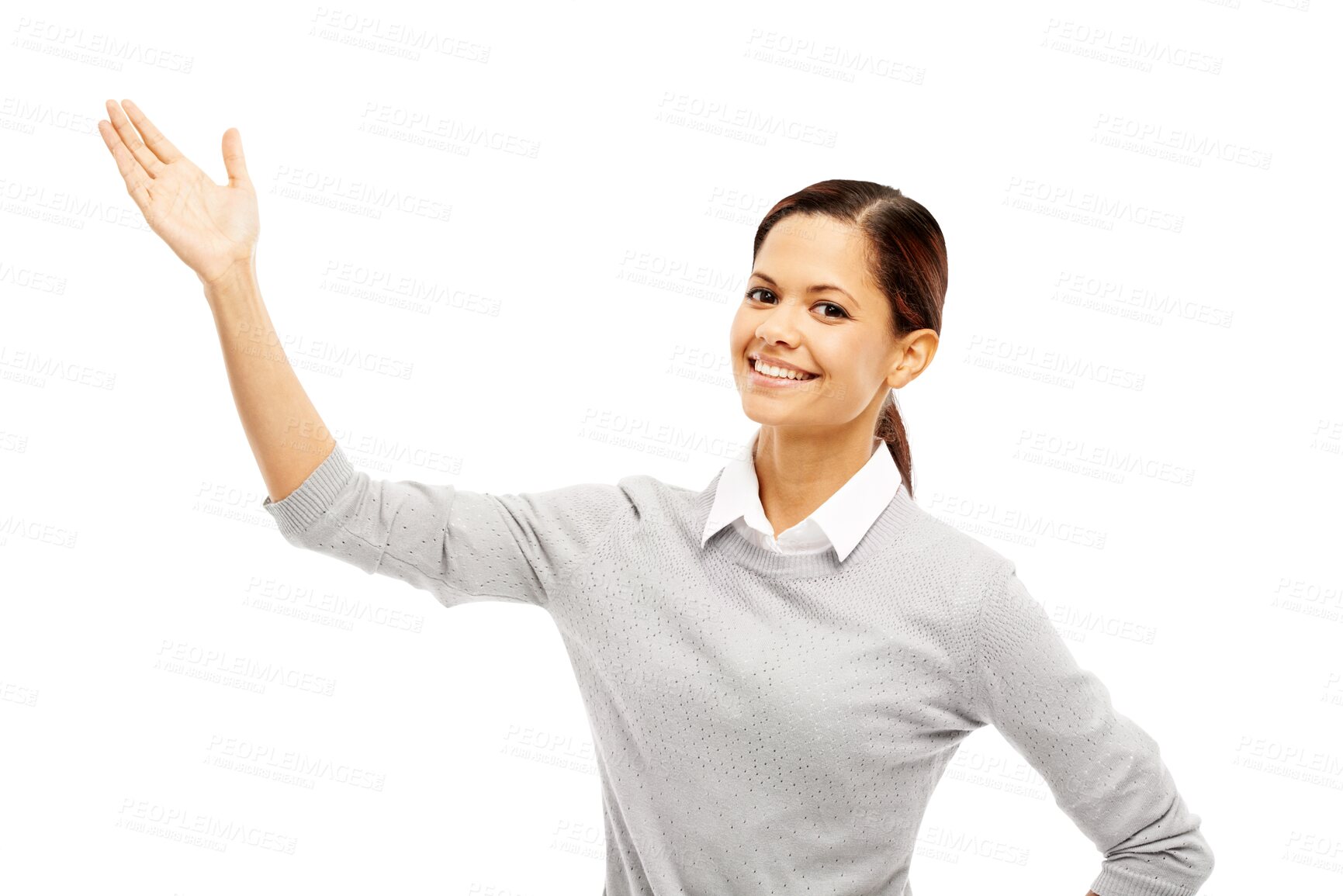 Buy stock photo Portrait, smile and woman with hand for presentation isolated on a transparent png background. Face, palm and female person showing marketing, advertising or commercial branding, promotion or space.