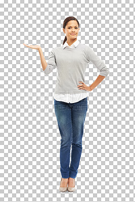 Buy stock photo Fashion portrait, palm and woman with offer isolated on transparent png background show, decision or presentation. Confident person or model with hand, sign and giving or choice and announcement