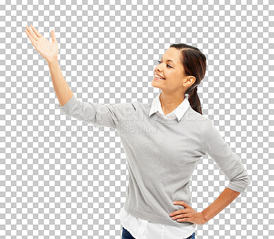 Buy stock photo Space, smile and woman with hand for presentation isolated on a transparent png background. Logo, palm and female person showing marketing, advertising or commercial branding, promotion or offer.