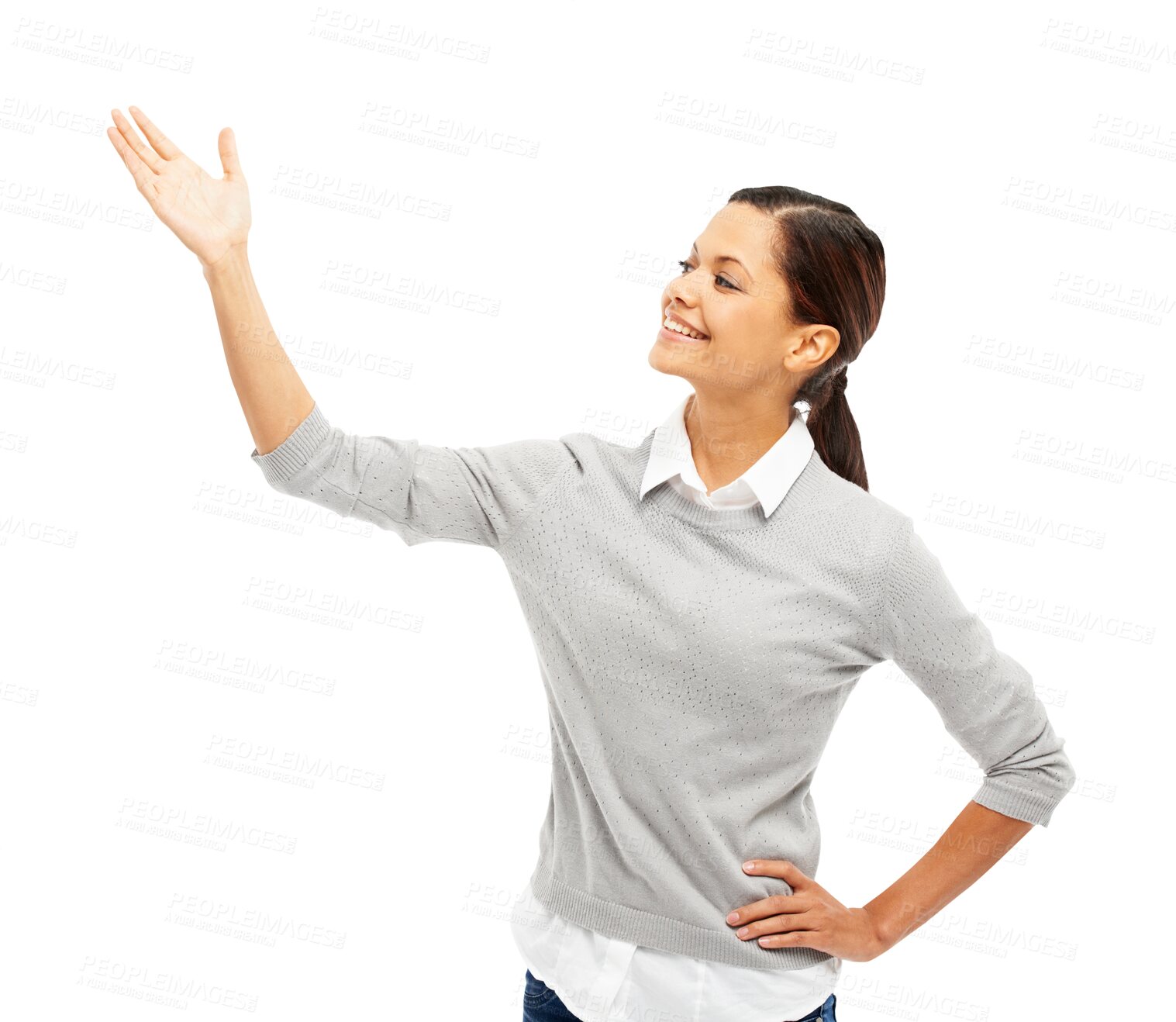 Buy stock photo Space, smile and woman with hand for presentation isolated on a transparent png background. Logo, palm and female person showing marketing, advertising or commercial branding, promotion or offer.