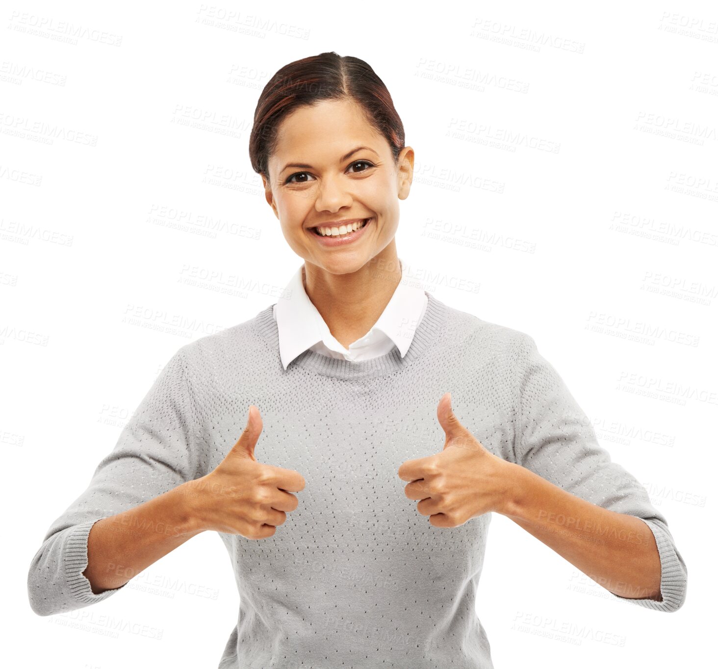 Buy stock photo Thank you, portrait of a woman with thumbs up and smile isolated against a transparent png background. Success or motivation, support and female person with like hand emoji, gesture and agreement