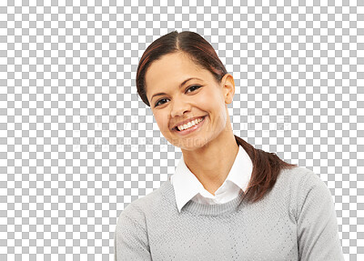 Buy stock photo Happy, portrait or businesswoman with confidence isolated on transparent png background. Professional, face of lady or proud female worker smiling with elegance, elegant clothes or classy style 