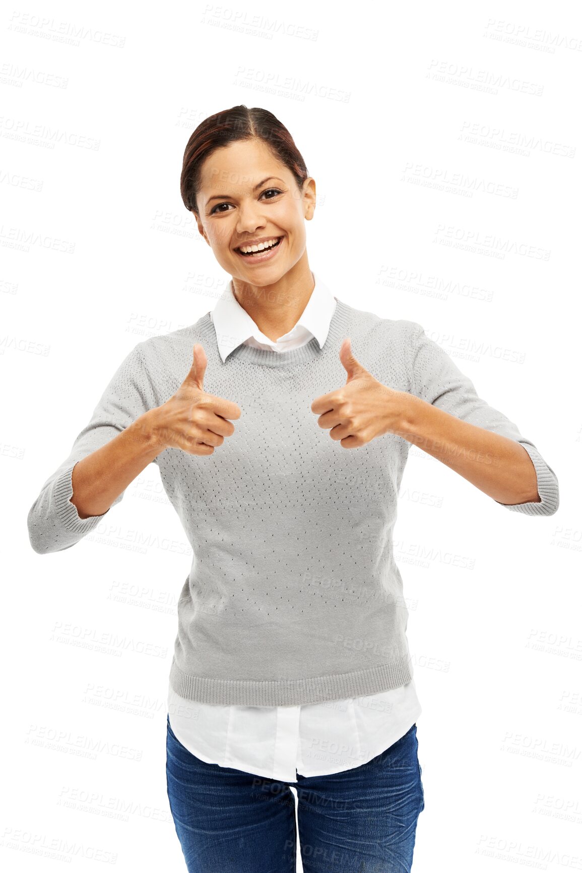 Buy stock photo Portrait, thumbs up or happy woman laughing for approval isolated on transparent png background. Success, winning or excited person with okay hand gesture or emoji for agreement, like or thank you