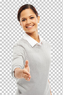 Buy stock photo Meeting, shaking hands and woman with smile in portrait, thank you or congratulations isolated on transparent png background. Happy, agreement and welcome with female person and hand shake with trust