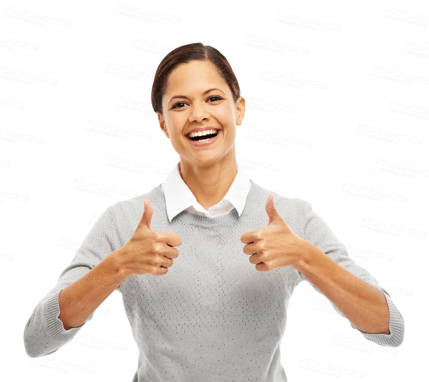 Buy stock photo Thumbs up, excited and portrait of business woman on png, isolated and transparent background. Corporate winner, success and happy female person with hand gesture for thank you, approval or agreement