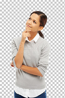 Buy stock photo Thinking, happy solution and business woman for career, job or project ideas isolated on transparent, png background. Brainstorming, vision and creative person, employee or worker for problem solving