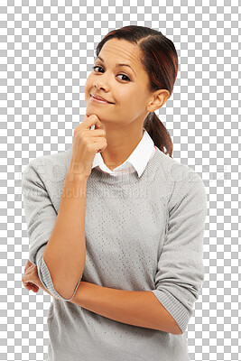 Buy stock photo Woman, face and thinking in solution, memory or idea isolated on a transparent PNG background. Portrait of thoughtful female person with hand on chin in think, choice or remember for decision or plan