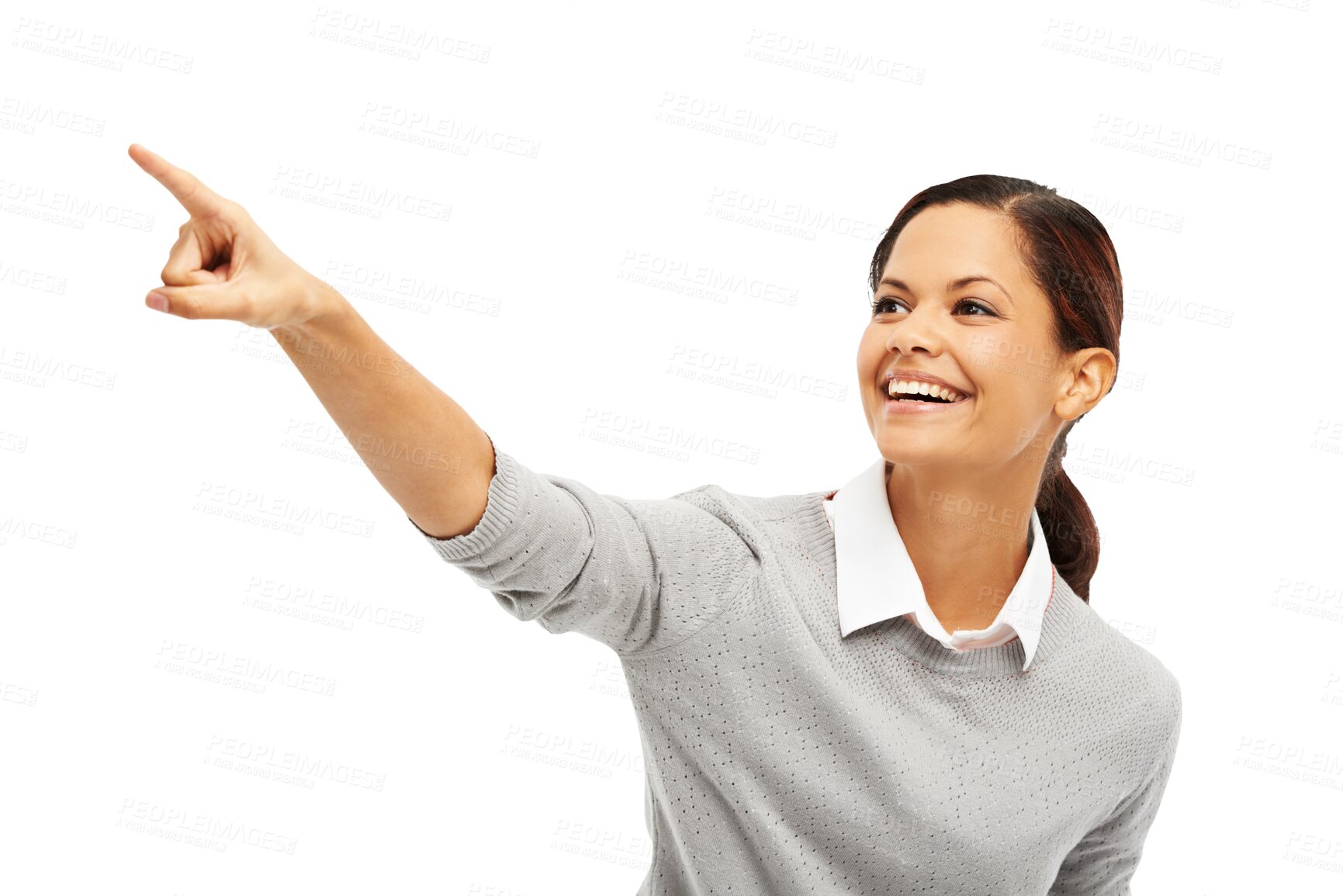 Buy stock photo News, pointing and idea with face of woman on transparent background for happy, announcement and choice. Decision, direction and presentation with female person isolated on png for promotion and show