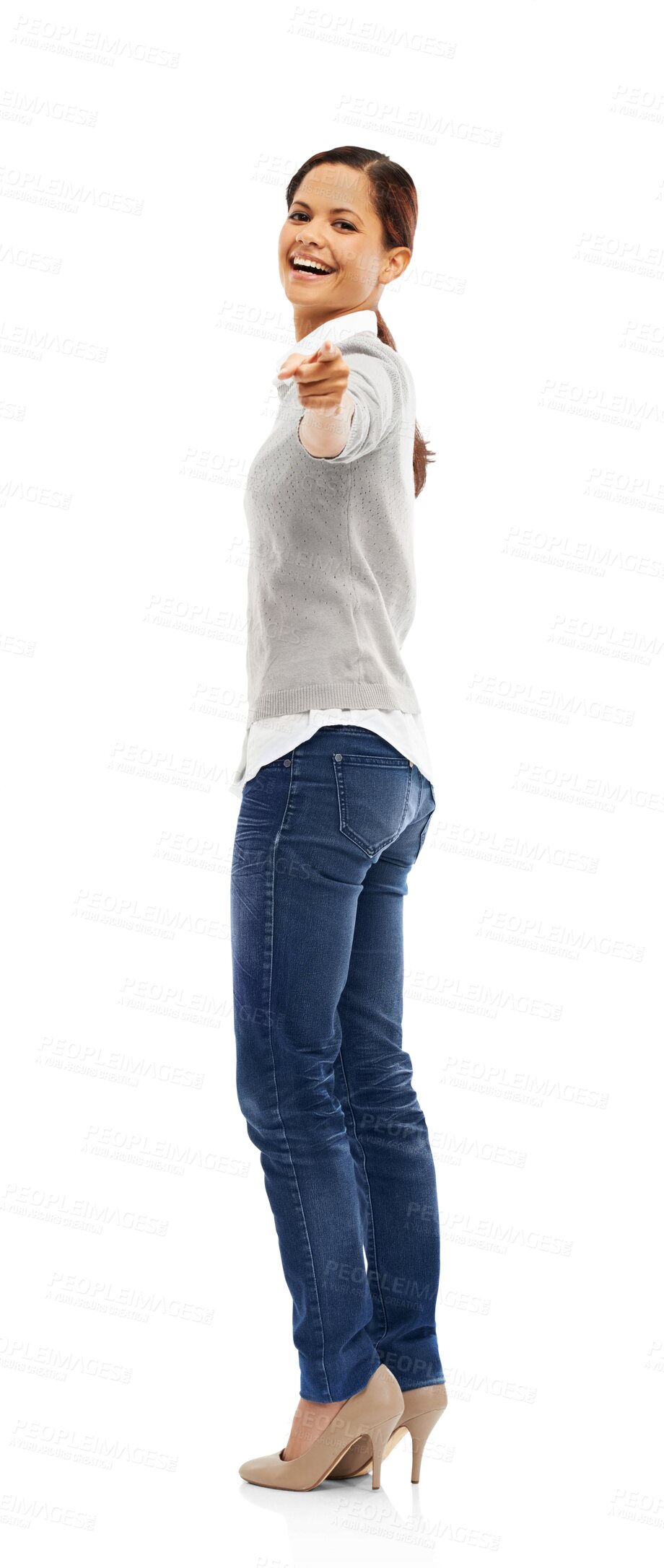Buy stock photo Woman is pointing at you, choice and decision with accountability and portrait isolated on transparent png background. Challenge, selection and choosing, female person and direction with hand gesture