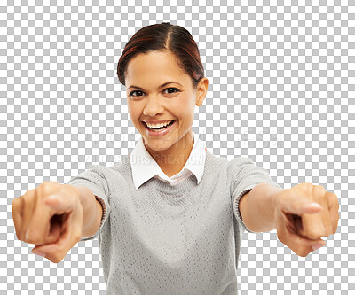 Buy stock photo Happy woman is pointing at you, portrait and choice, decision and accountability isolated on transparent png background. Challenge, selection and choosing, female person and direction hand gesture