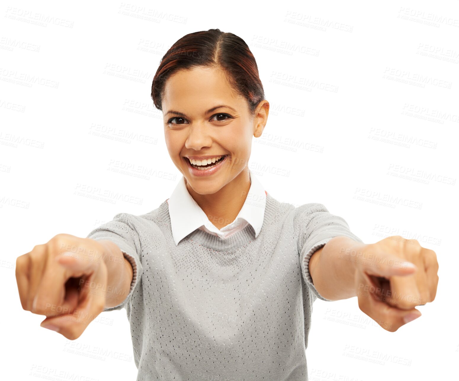 Buy stock photo Happy woman is pointing at you, portrait and choice, decision and accountability isolated on transparent png background. Challenge, selection and choosing, female person and direction hand gesture