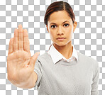 Serious woman, portrait and face with hand in stop or halt isolated on a transparent PNG background. Female person with hands in wait, sign or gesture for protection, defense or prohibition protest