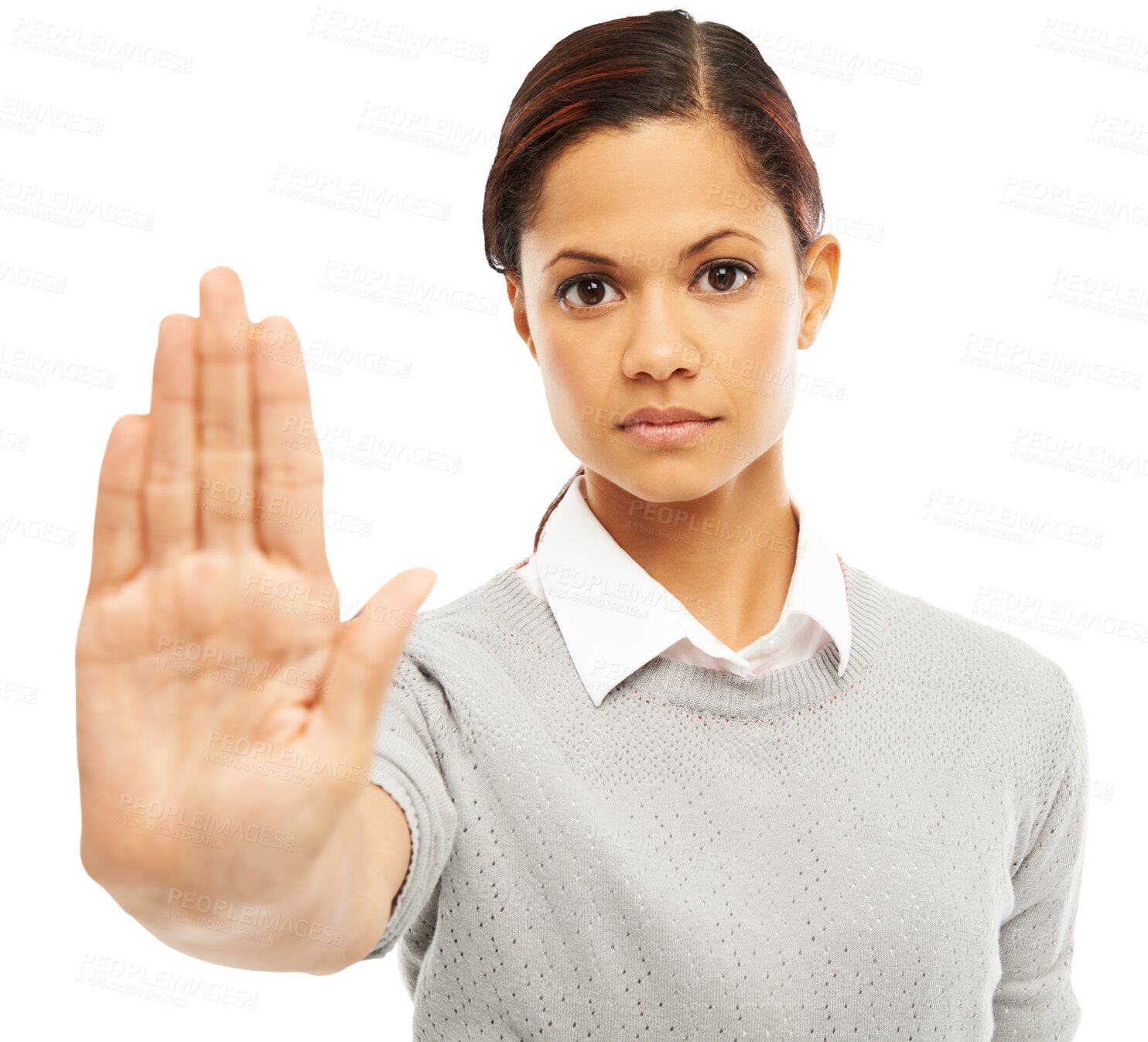 Buy stock photo Serious woman, portrait and face with hand in stop or halt isolated on a transparent PNG background. Female person with hands in wait, sign or gesture for protection, defense or prohibition protest