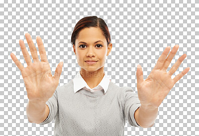 Buy stock photo Stop, hands and portrait of woman with warning, rejection and no sign isolated in a transparent or png background. Rejection, voice and professional female person with caution symbol or gesture