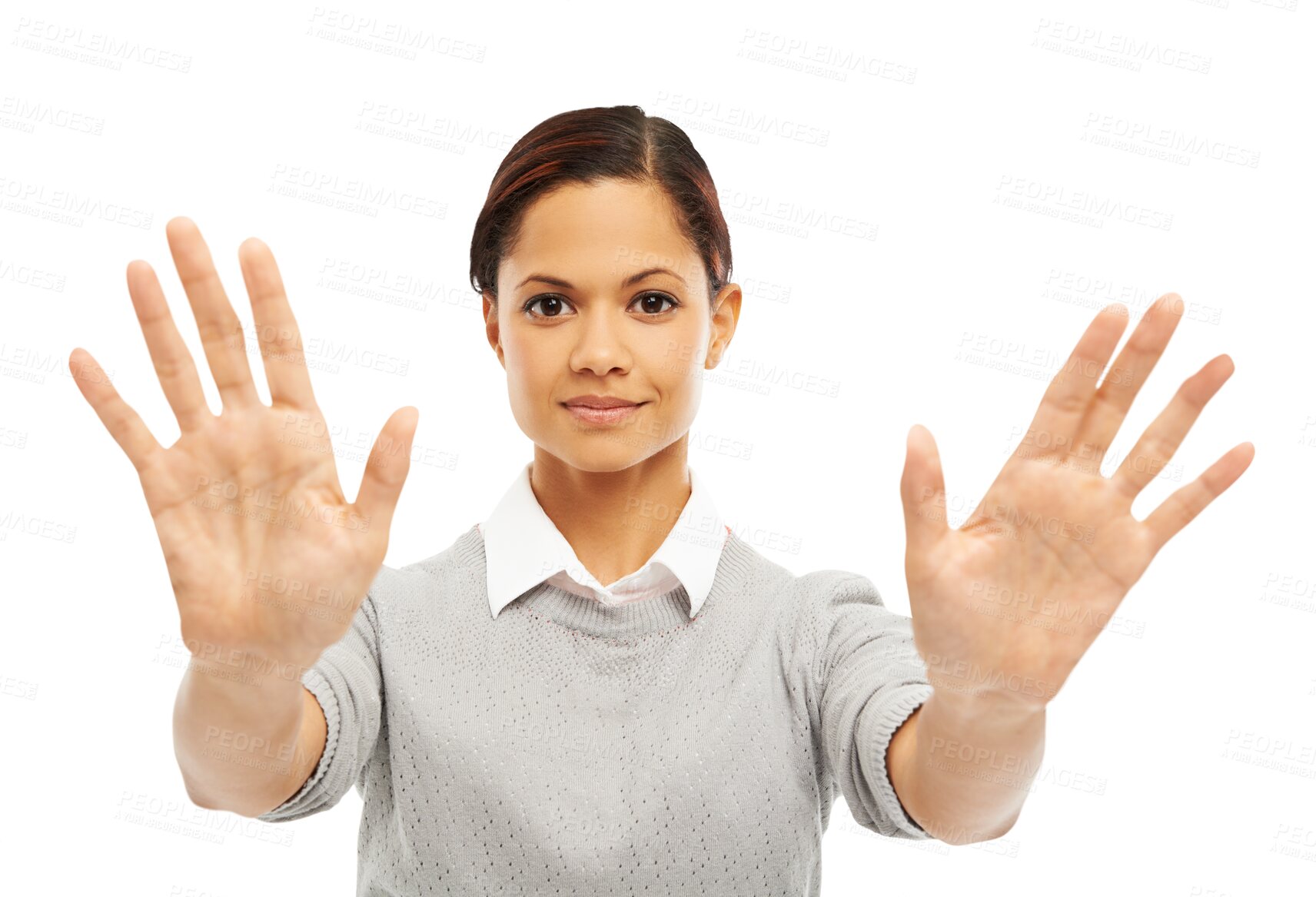 Buy stock photo Stop, hands and portrait of woman with warning, rejection and no sign isolated in a transparent or png background. Rejection, voice and professional female person with caution symbol or gesture