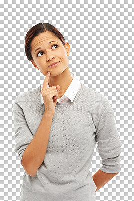 Buy stock photo Woman, face and thinking for idea, remember or memory standing isolated on a transparent PNG background. Thoughtful female person with finger on chin to think in choice, solution or decision for plan