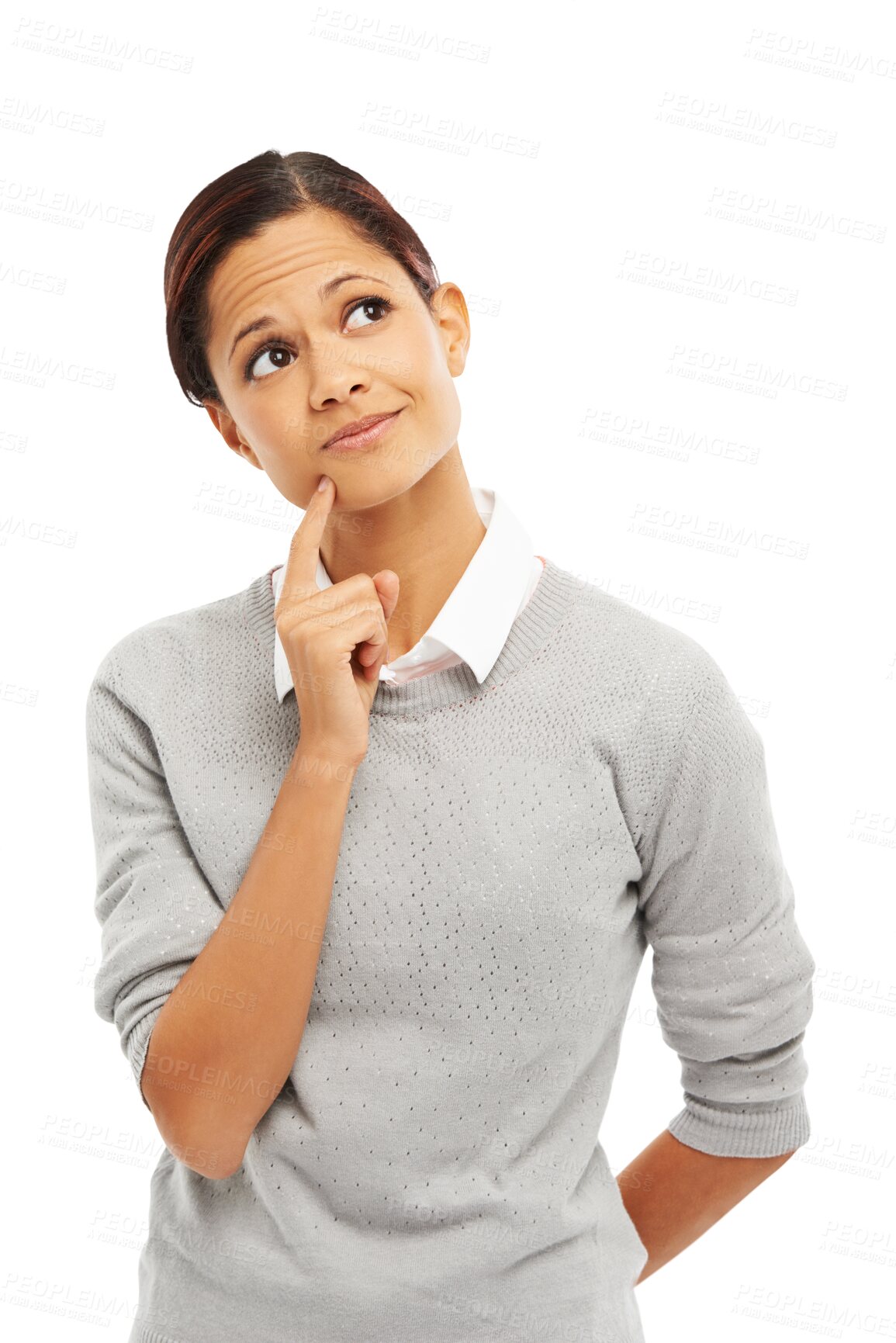 Buy stock photo Woman, face and thinking for idea, remember or memory standing isolated on a transparent PNG background. Thoughtful female person with finger on chin to think in choice, solution or decision for plan