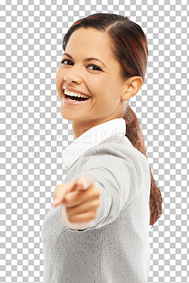 Buy stock photo Woman, pointing and portrait of recruitment, hiring or person choosing you and recruiting on transparent, isolated or png background. Choice, employee and success in interview or human resources