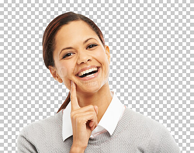 Buy stock photo Happy woman, portrait and thinking for idea, remember or memory isolated on a transparent PNG background. Face of thoughtful female person with smile in think, choice or solution for decision or plan