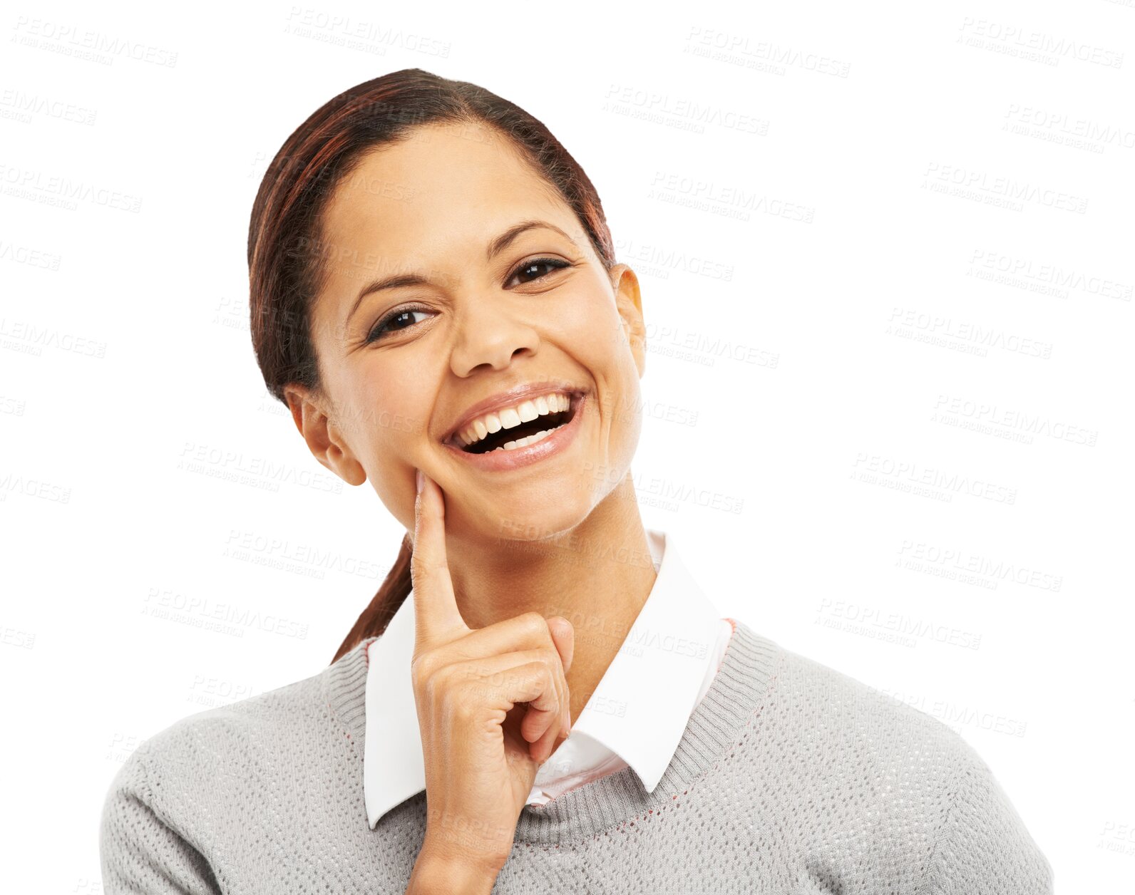 Buy stock photo Happy woman, portrait and thinking for idea, remember or memory isolated on a transparent PNG background. Face of thoughtful female person with smile in think, choice or solution for decision or plan