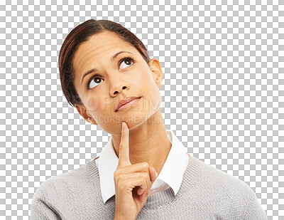 Buy stock photo Woman, face and thinking to remember for solution or memory isolated on a transparent PNG background. Thoughtful female person with finger on chin in think, choice or idea for decision or planning