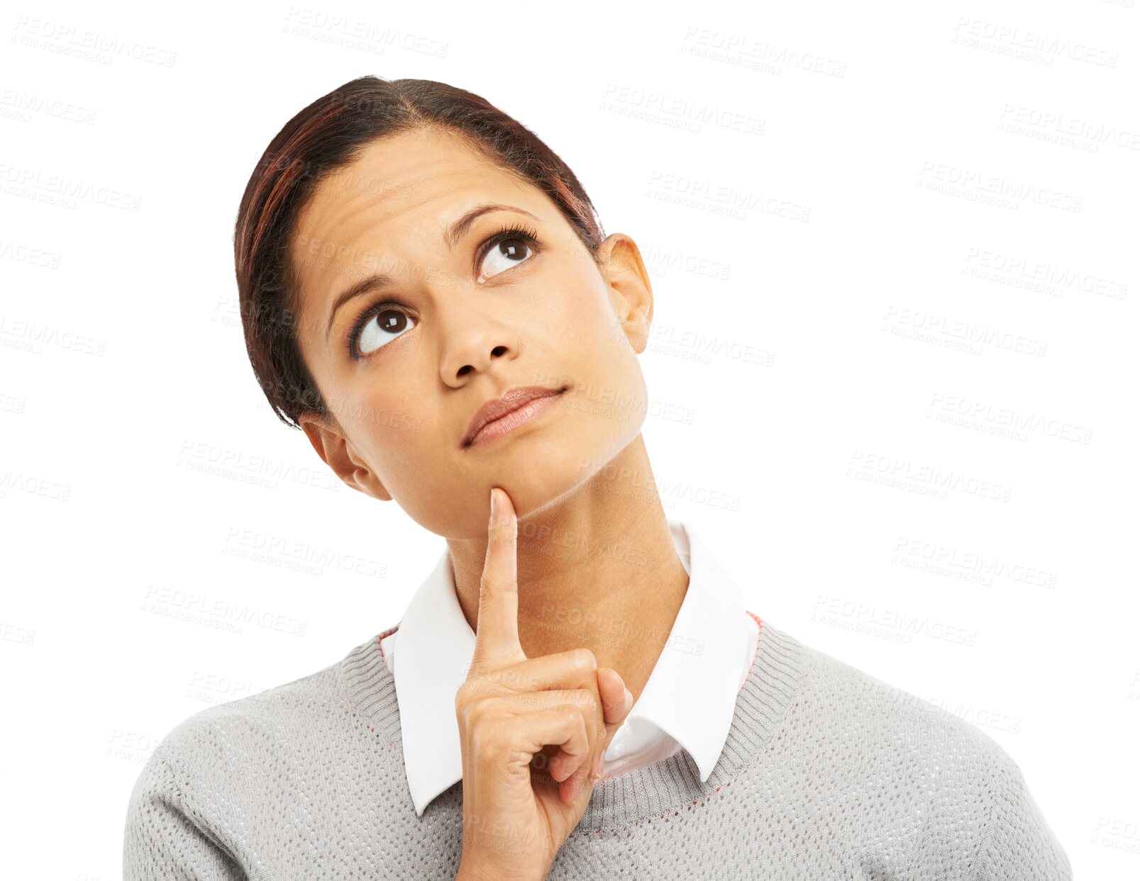 Buy stock photo Woman, face and thinking to remember for solution or memory isolated on a transparent PNG background. Thoughtful female person with finger on chin in think, choice or idea for decision or planning