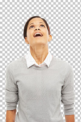 Buy stock photo Shocked, surprise and wow with woman on transparent background for announcement, news or idea. Secret, giveaway and inspiration with female person isolated on png for decision. choice and achievement