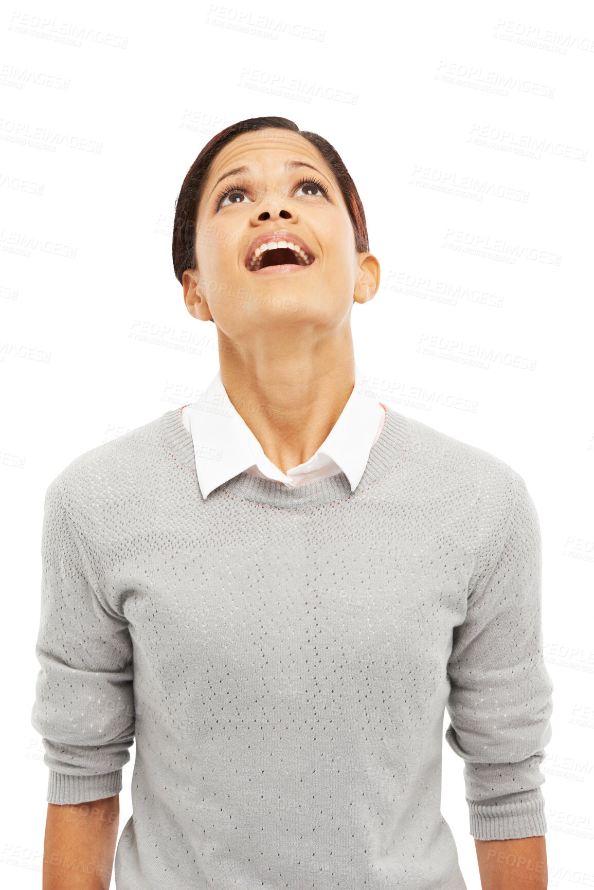 Buy stock photo Shocked, surprise and wow with woman on transparent background for announcement, news or idea. Secret, giveaway and inspiration with female person isolated on png for decision. choice and achievement