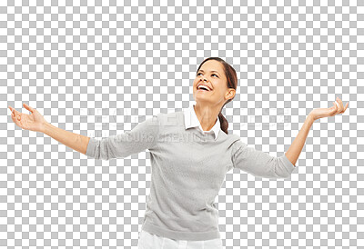 Buy stock photo Dance, happy and young woman with energy moving to music, album or playlist with confidence. Celebration, happiness and female model dancing with smile to radio isolated by transparent png background