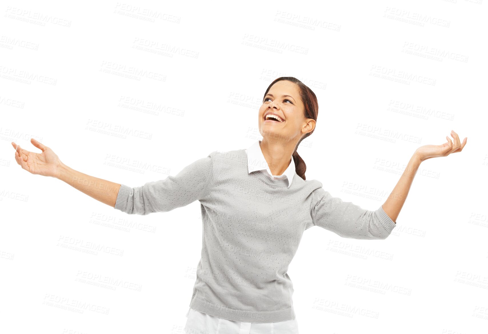 Buy stock photo Dance, happy and young woman with energy moving to music, album or playlist with confidence. Celebration, happiness and female model dancing with smile to radio isolated by transparent png background