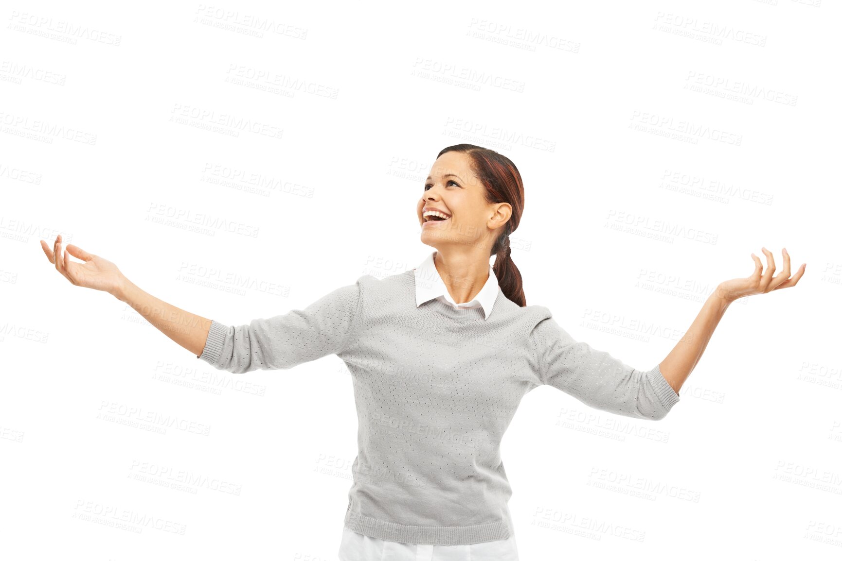 Buy stock photo Dance, freedom and excited woman with energy moving to music, album or playlist with confidence. Celebration, happy and female model dancing with smile to radio isolated by transparent png background