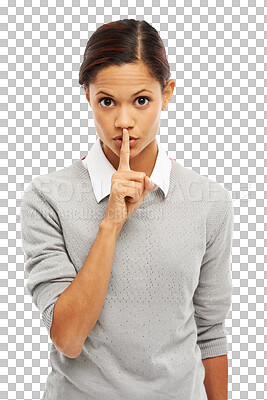 Buy stock photo Secret, privacy and confidential, woman with finger on lips in portrait and silence emoji isolated on transparent png background. Female person whisper, hush and quiet with hand gesture and mute