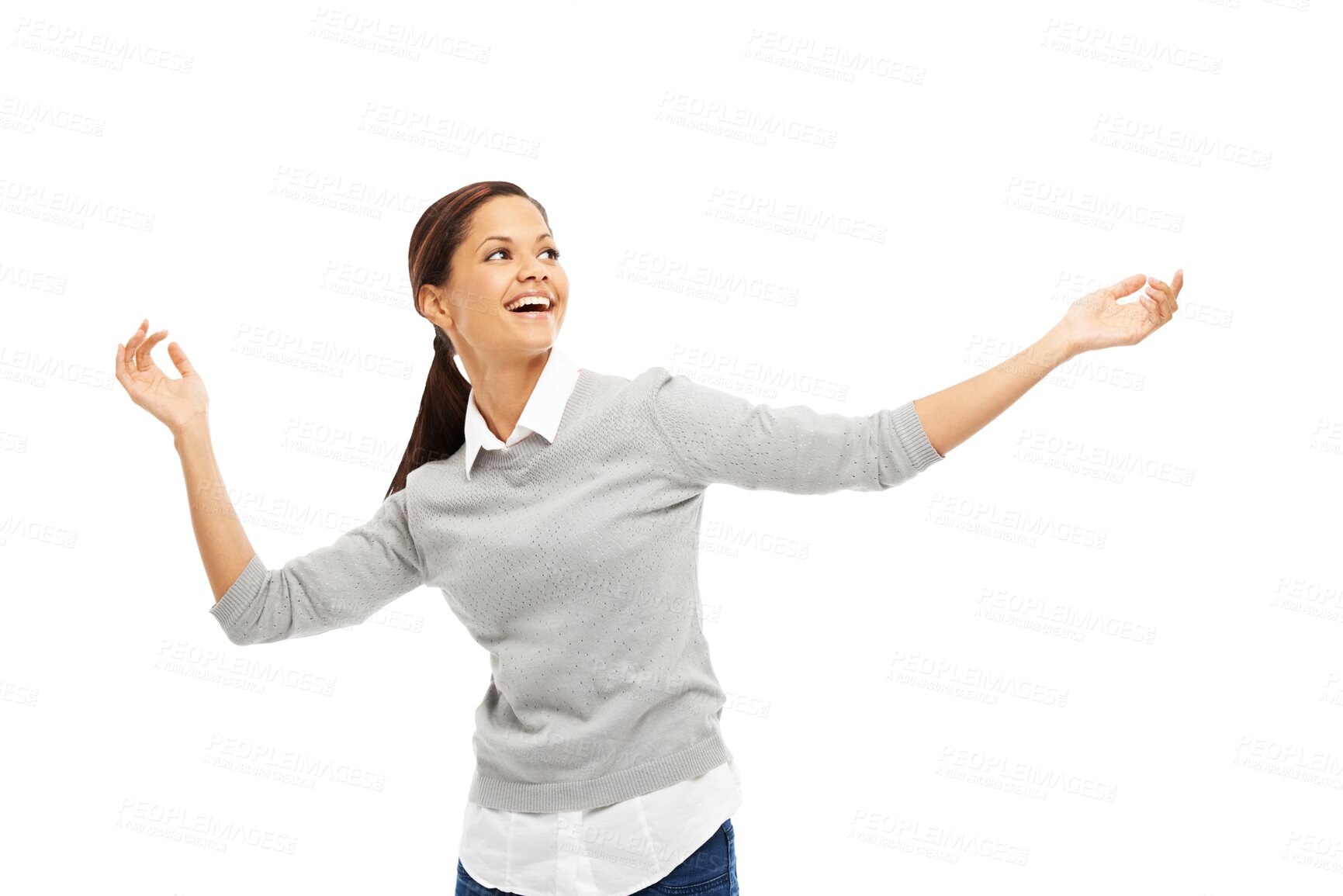 Buy stock photo Dance, excited and woman with energy, confidence and happiness moving to music or playlist. Celebration, smile and female model dancing to radio, song or album isolated by transparent png background.