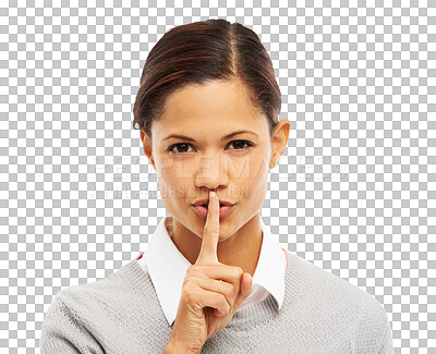 Buy stock photo Secret, confidential and woman with finger on mouth in portrait and silence emoji isolated on transparent png background. Female person whisper, privacy and quiet, hand gesture and private news