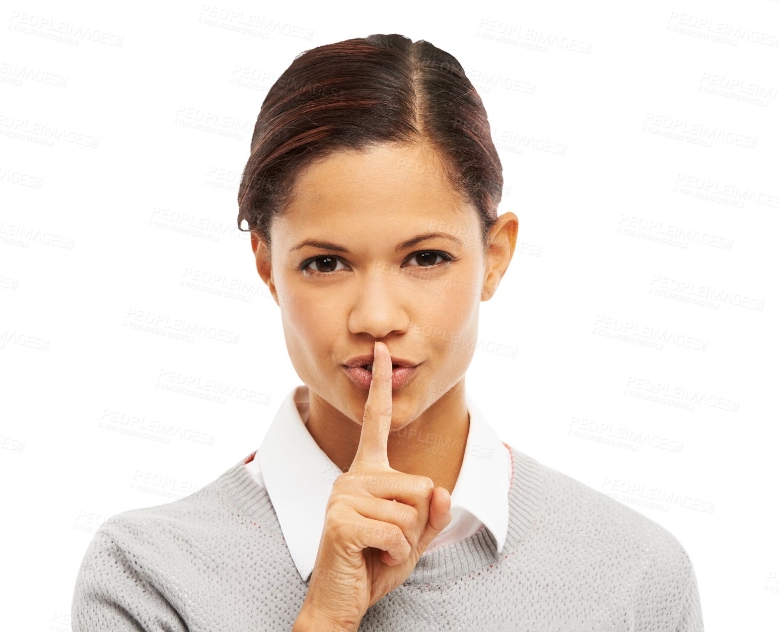 Buy stock photo Secret, confidential and woman with finger on mouth in portrait and silence emoji isolated on transparent png background. Female person whisper, privacy and quiet, hand gesture and private news